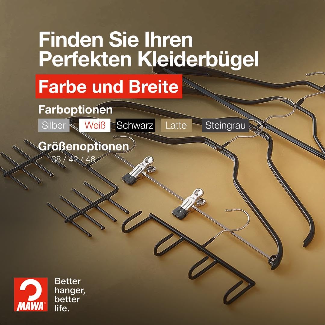 MAWA Kleiderbügel, Set mit 10 körpergeformten Metallkleiderbügeln, ideal für Mäntel, Jacken, Blazer und Anzüge, 360° drehbarer Haken, Antirutschbeschichtung, 38 cm, Weiß
