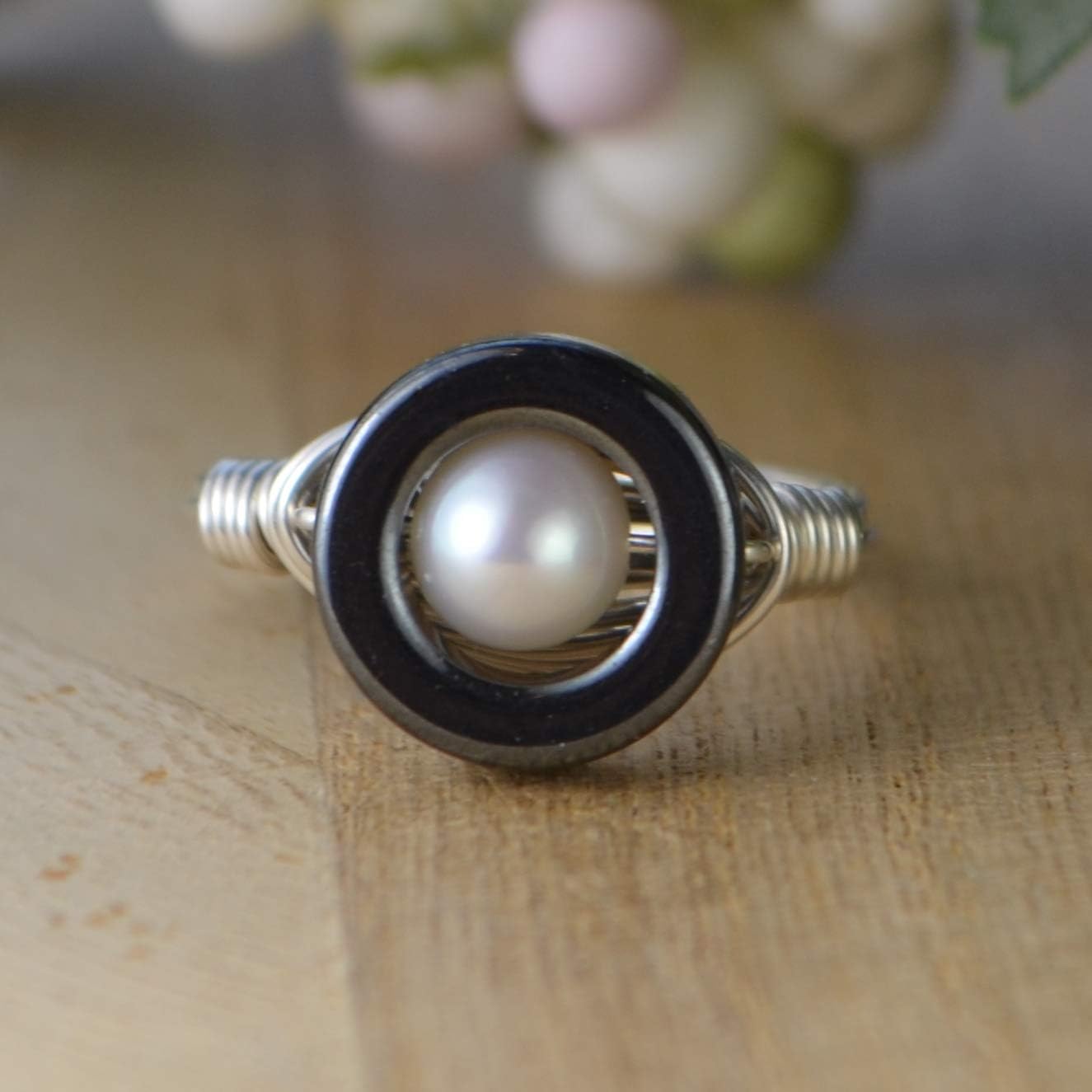 Pearl and Hematite Sterling Silver, Yellow or Rose Gold Filled Wire Wrapped Ring- Custom Made to Your Size