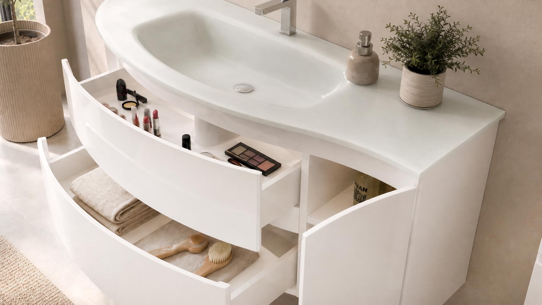 KASR Badmöbel Set Lynn 120 cm, Weiß, mit LED Spiegel und Seitenschrank, Glaswaschbecken, Hochglanz, wandhängend