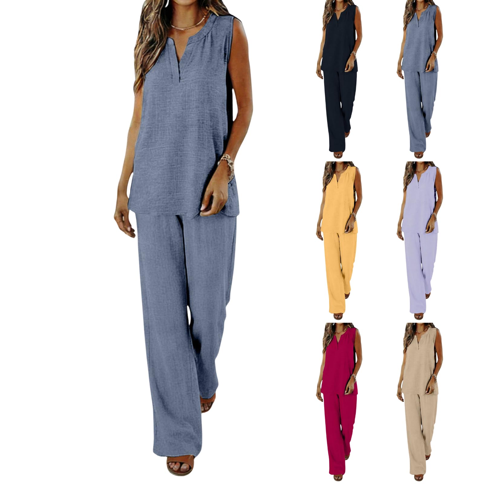 Linen Sets For Women 2 Piece Sleeveless Tops & Wide Leg Pants Lounge Sets Summer Vacation Travel Outfits