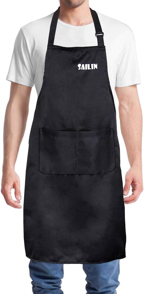 SAILIN Adjustable & Waterproof Bib Apron (Black, 33 x 27 inches) with 2 Pockets, Extra-long Ties, Cooking Kitchen and Home Aprons for Women Men Chef.