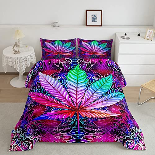 Feelyou Cannabis Leaves Comforter Set Marijuana Leaf Bedding Set for Kids Girls Women Adults Boho Psychedelic Duvet Set Trippy Marijuana Weed Quilted Duvet Set Bedroom Collection Queen Pink 3Pcs