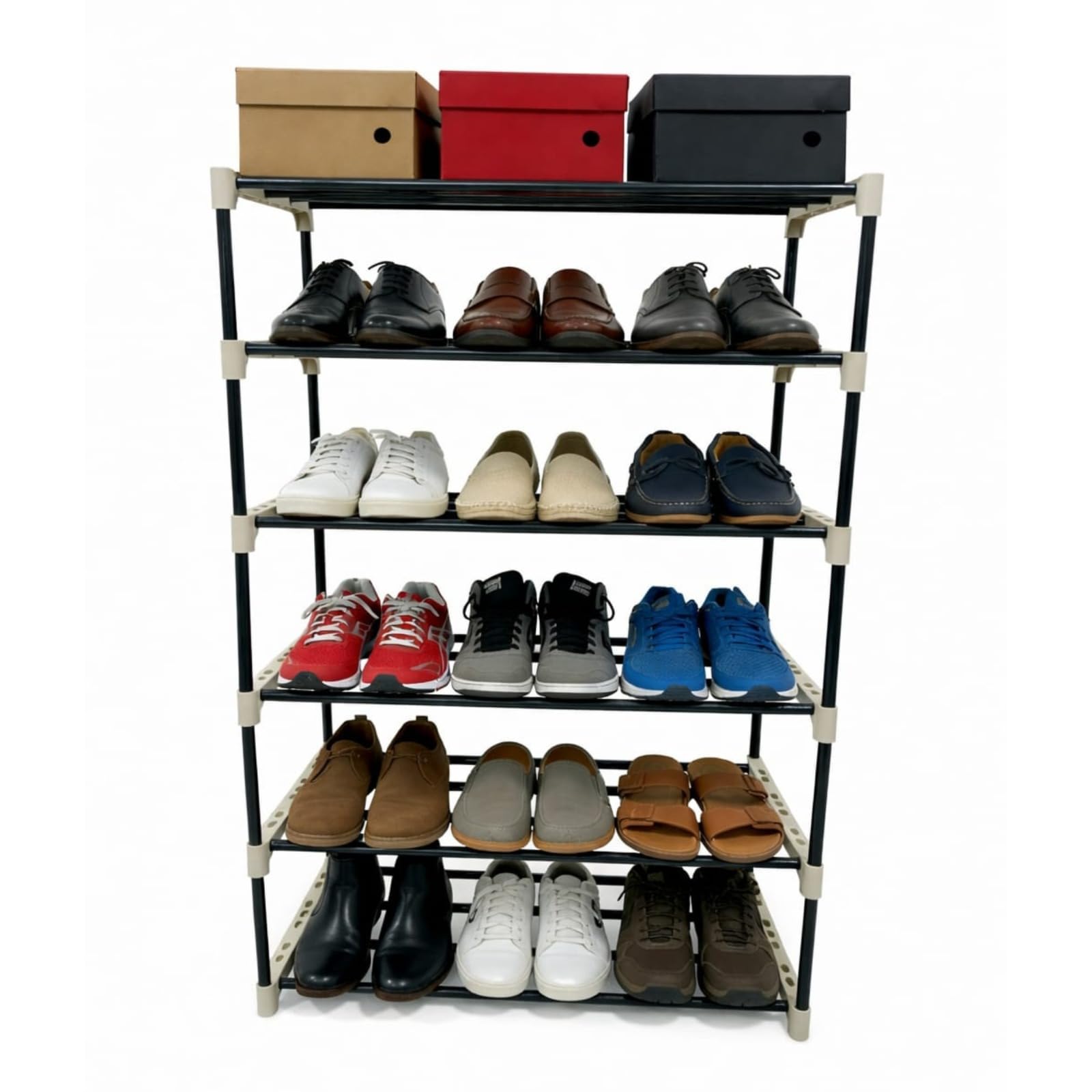 farox metal shoe rack for home – adjustable & stackable metal pipe shoe stand, waterproof open shoe organizer, entryway, bedroom & outdoor, diy multi-purpose shoe storage rack – (6 tier)
