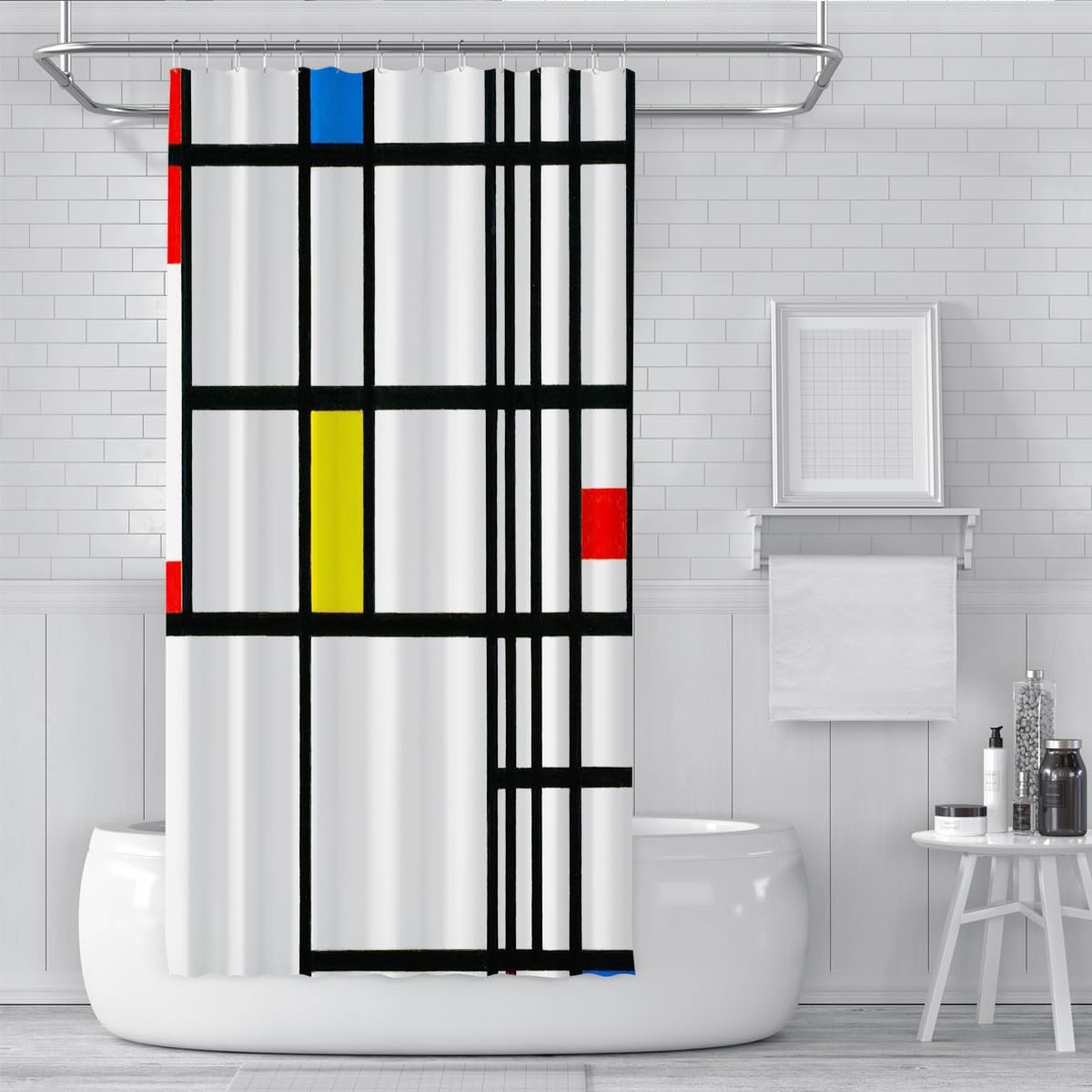 Rideau de Douche à Grille Noire Minimaliste Rideau de Bain Abstrait géométrique Blanc en Tissu Polyester Rouge Jaune Bleu Bloc de Salle de Bain 200 x 220 cm
