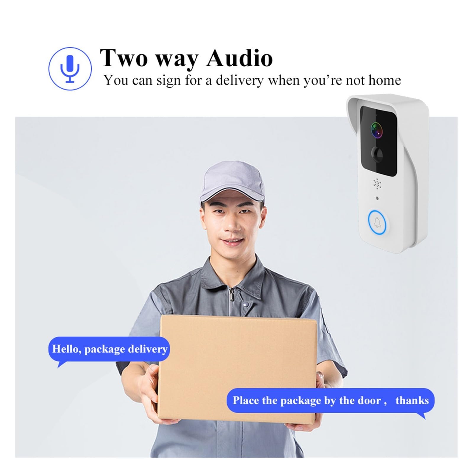 A person receiving a package, with a speech bubble showing 'Hello, package delivery' and another showing 'Place the package by the door, thanks', illustrating the two-way audio feature of the doorbell.