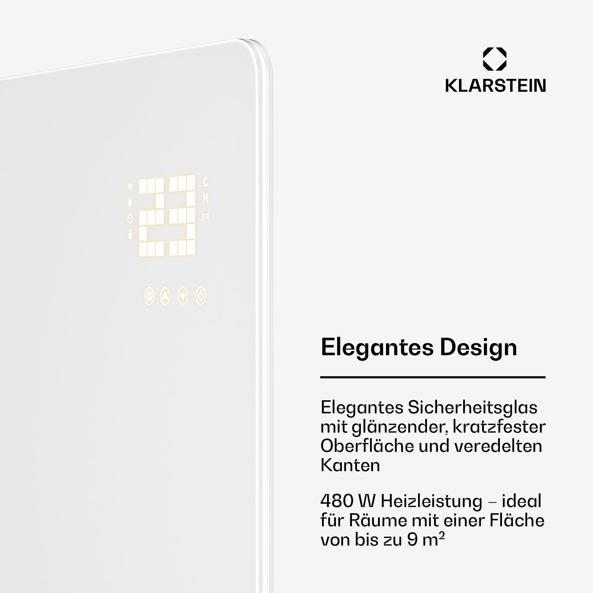 Klarstein Infrarotheizung 480W – Wandmontage & Standgerät, Thermostat, App-Steuerung, IP43, Glas-Design, Überhitzungsschutz, für Bad & Wohnzimmer, elektrische Wandheizung, Weiß