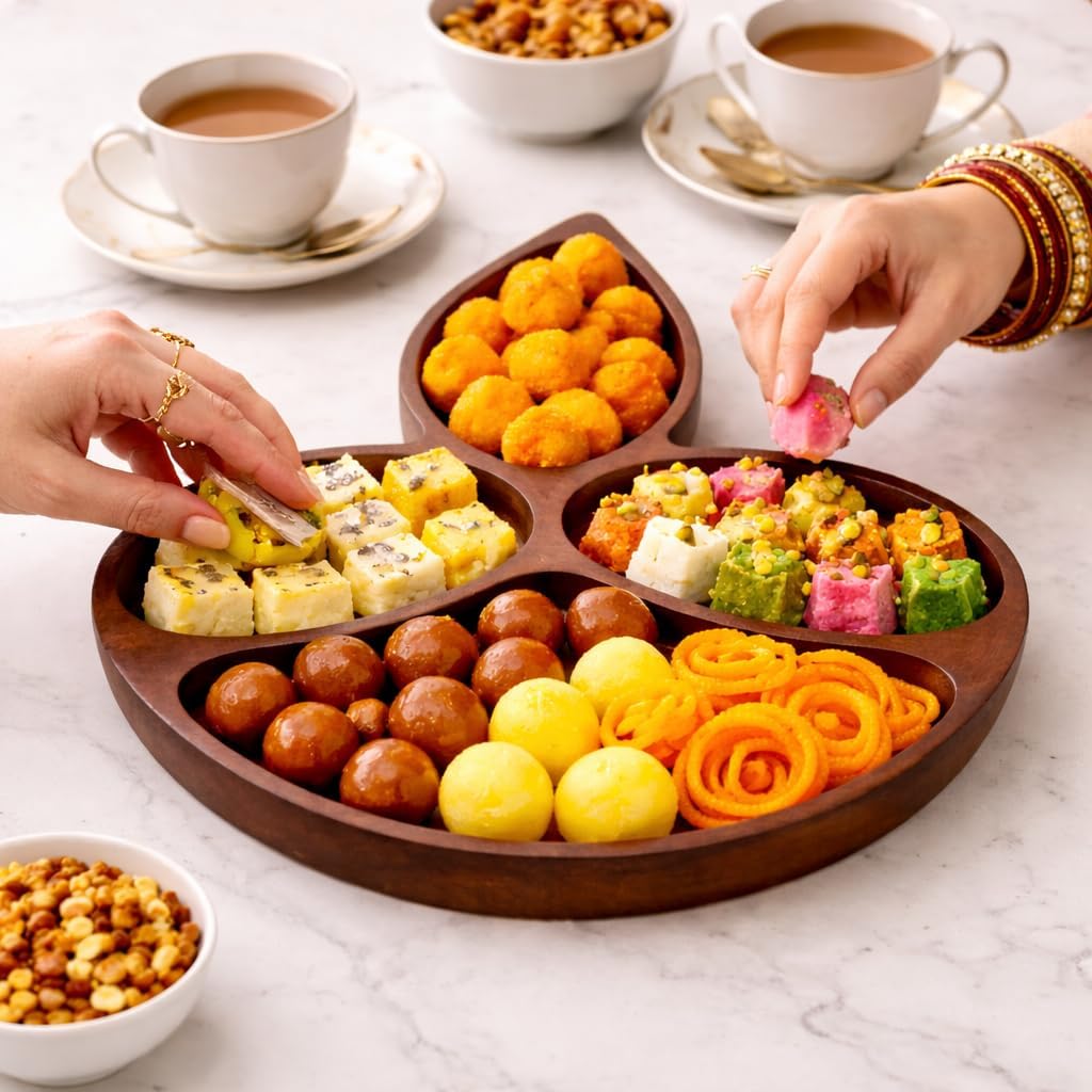 Diya Charcuterie Board | Rubber Wood | Diya Shape | Indian Table Decor | Tray | 14x12.5 Inches