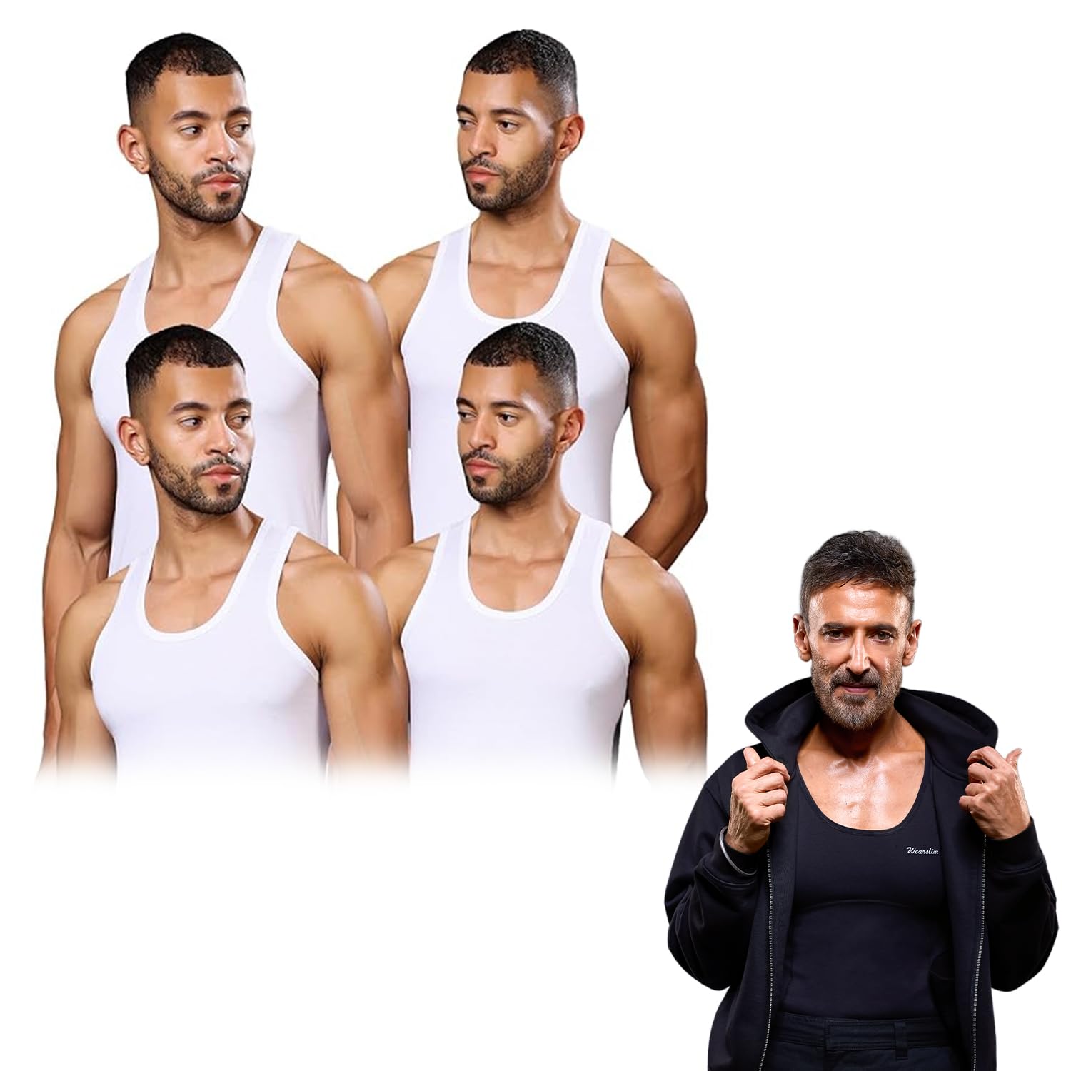 wearslim Premium Round Neck Super Combed Ultra Soft Cotton Vest for Man, Slim Fit Sleeveless Tank Tops Undershirts for Men with Extended Length for Easy Tuck - Pack of 4 - White(L)-picture-25