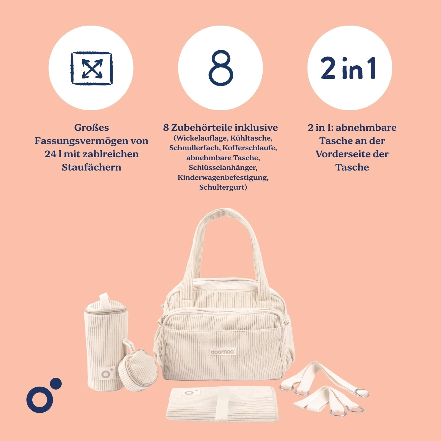 doomoo Wickeltasche Fluffy - 24l Kapazität, Abnehmbare Tasche, inkl. 8 Baby-Zubehörteile darunter Wickelunterlage, Kinderwagenbefestigungen & Isoliertasche, Windeltasche für unterwegs, Corduroy Kaki