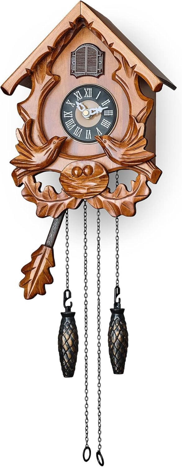 Horloge coucou en bois sculpté avec mode nuit et chant d'oiseau
