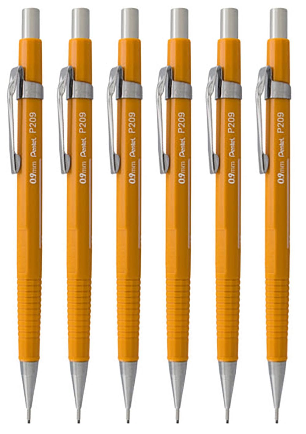 Pentel 0.9mm (P209) Yellow P200 Series Automatic Mechanical Draughting Pencil Refillable Lead Eraser P209-G (Pack Of 6)