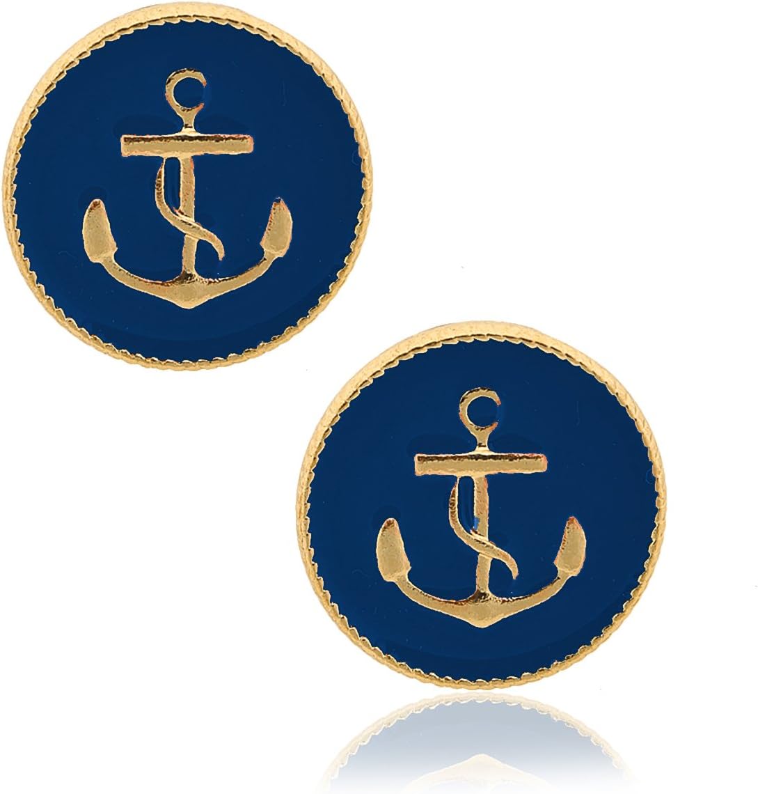 Spinningdaisy Gold Plated Small Anchor Button Stud Earrings (Navy Blue)