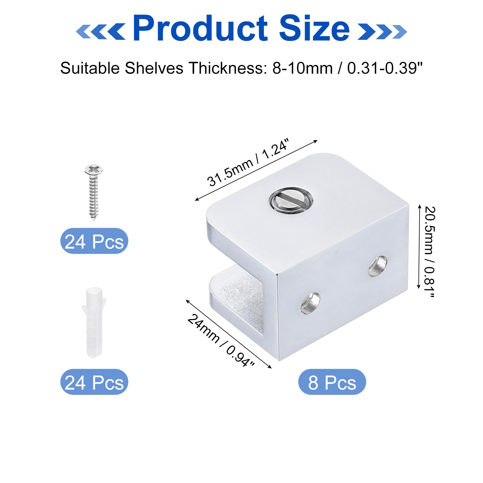 QUARKZMAN 8Pcs Soporte Para Estante De Vidrio, Soporte Para Estante De Vidrio Ajustable De Latón Sólido, Para Estante De Vidrio De Pared Clip Para Vidrio De 8-10mm (0.31"-0.39"), Plata
