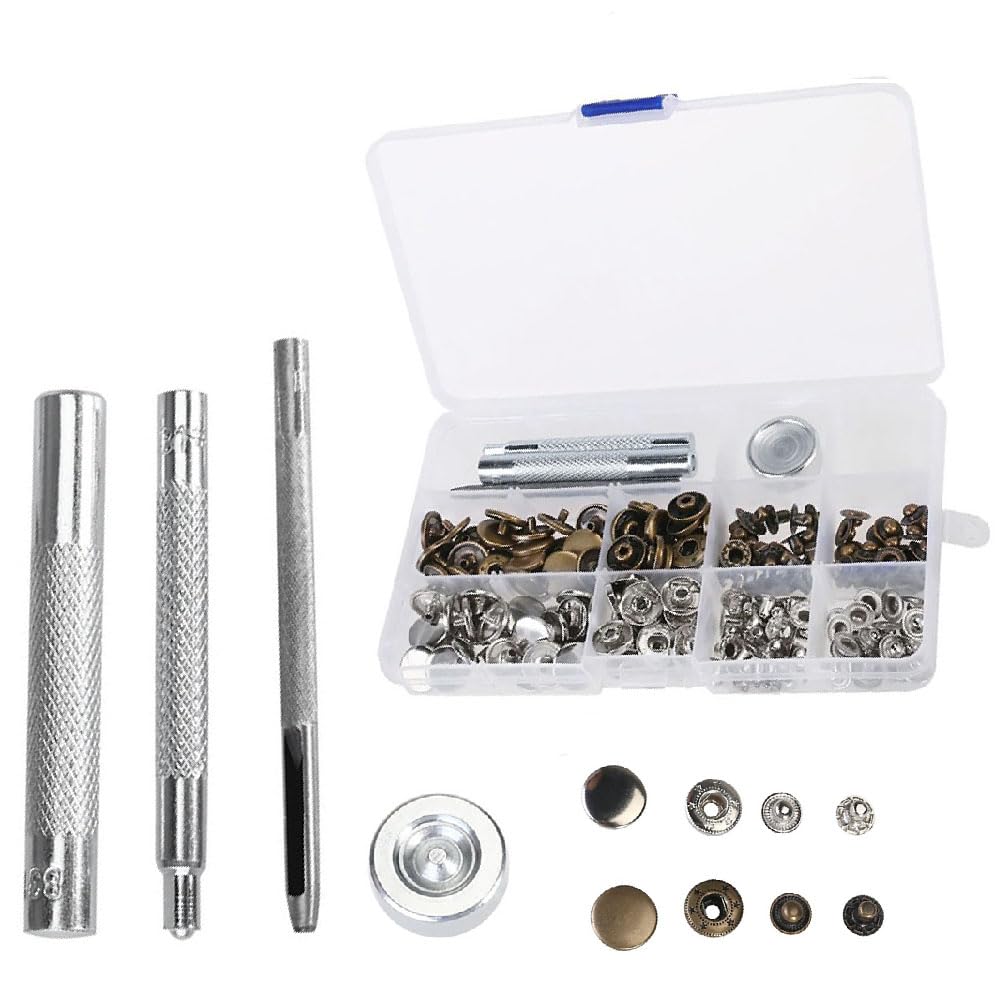 Snap Button Fasteners Kit, 50 Set Metal Snap Button Press Studs Kit with 4 Install Tools, Heavy Duty Canvas Snap Button for Leather, Jeans, DIY Crafts (15mm)
