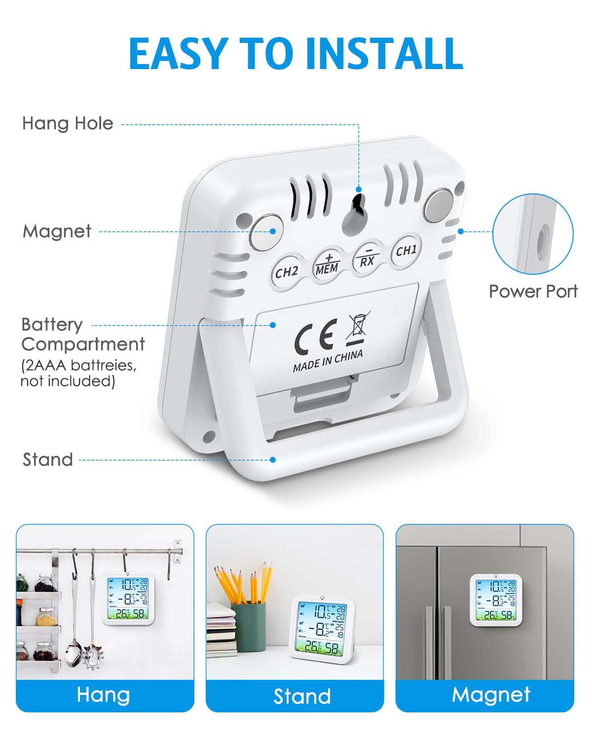 Brifit Kühlschrankthermometer, Gefrierschrank Thermometer mit 2 Sensoren, Digitales Farbdisplay-Thermometer mit Alarm, ℃/℉ Schalter, MIN/MAX, Weiße Hintergrundbeleuchtung für Küche, Restaurants