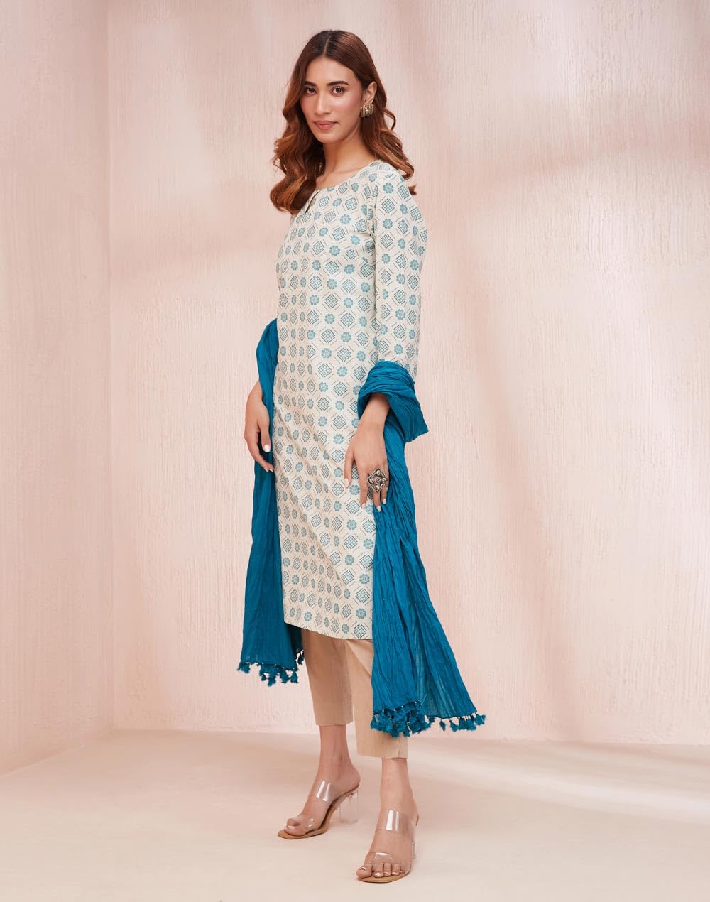 Fabindia Women's Cotton Printed Regular Kurta (1037543White- White-Teal