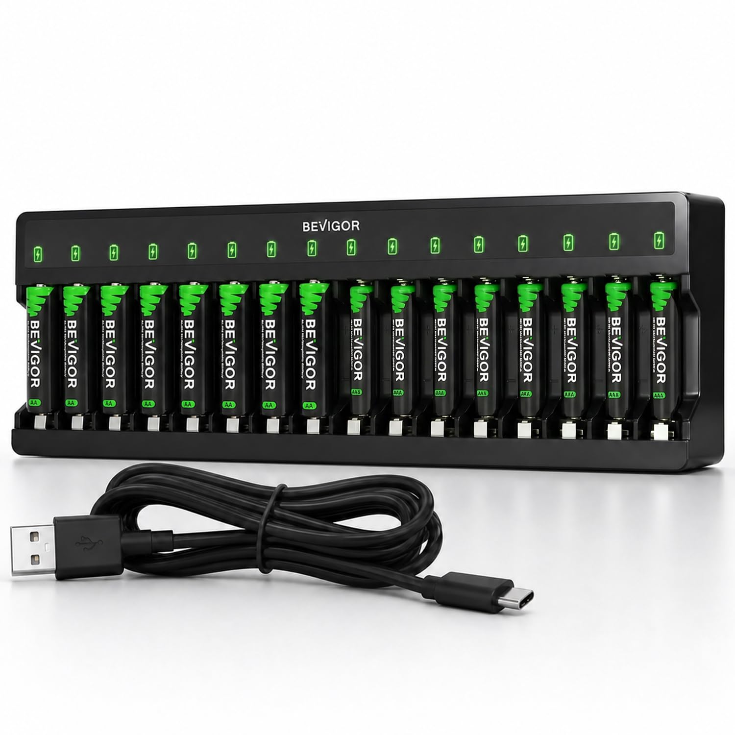 BEVIGOR Rechargeable AA and AAA Batteries with 16 Bay Smart Charger, 8 Pack AA 2800mAh &amp; 8 Pack AAA 1100mAh Low self Discharge NiMH Battery