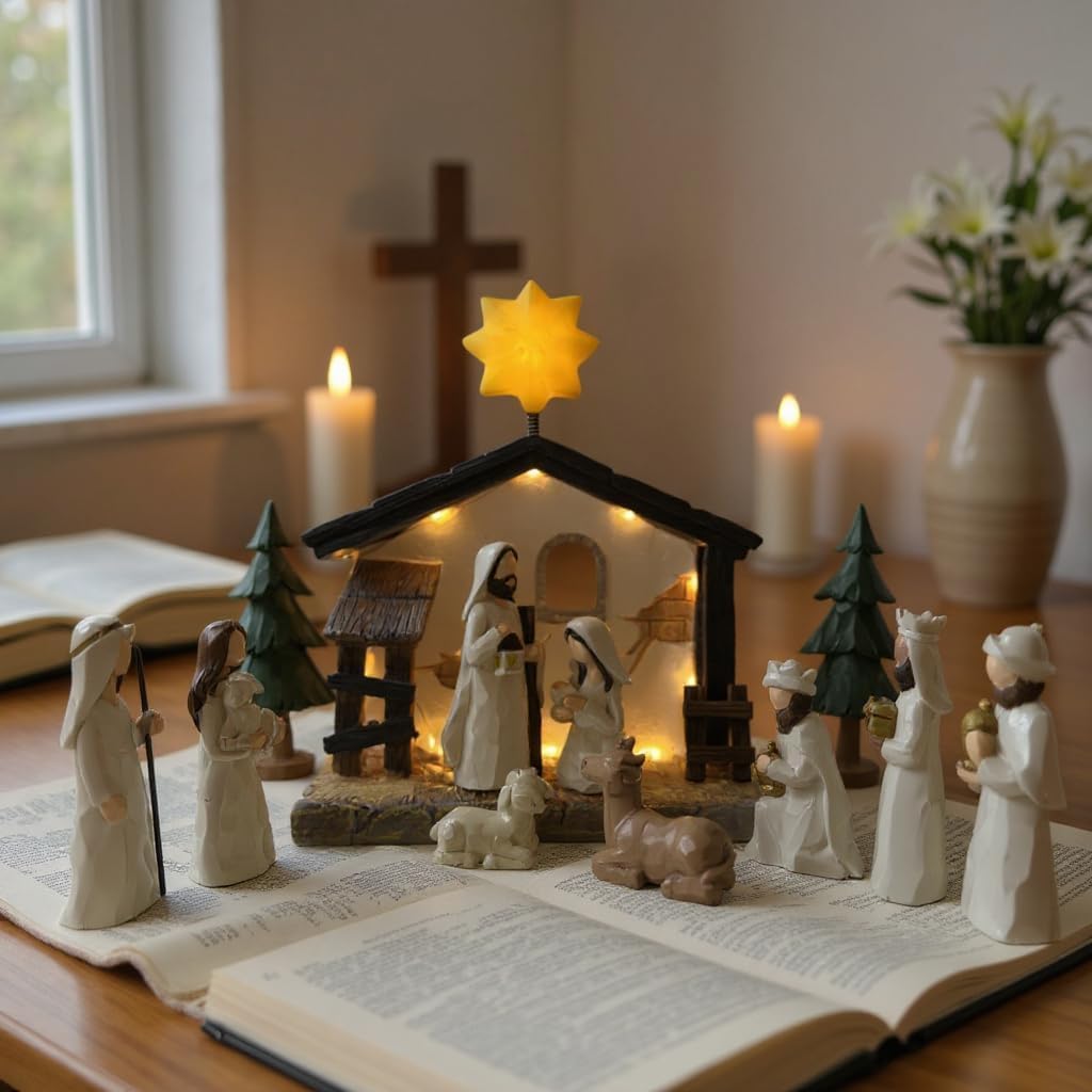 Nativity Set Indoor Christmas Decoration- 13 Pieces Nativity Scene with Manger for Nativity Scene Indoor Use, The Nativity Story Figures- Christian Religious Nativity Sets & Figures (Classic)