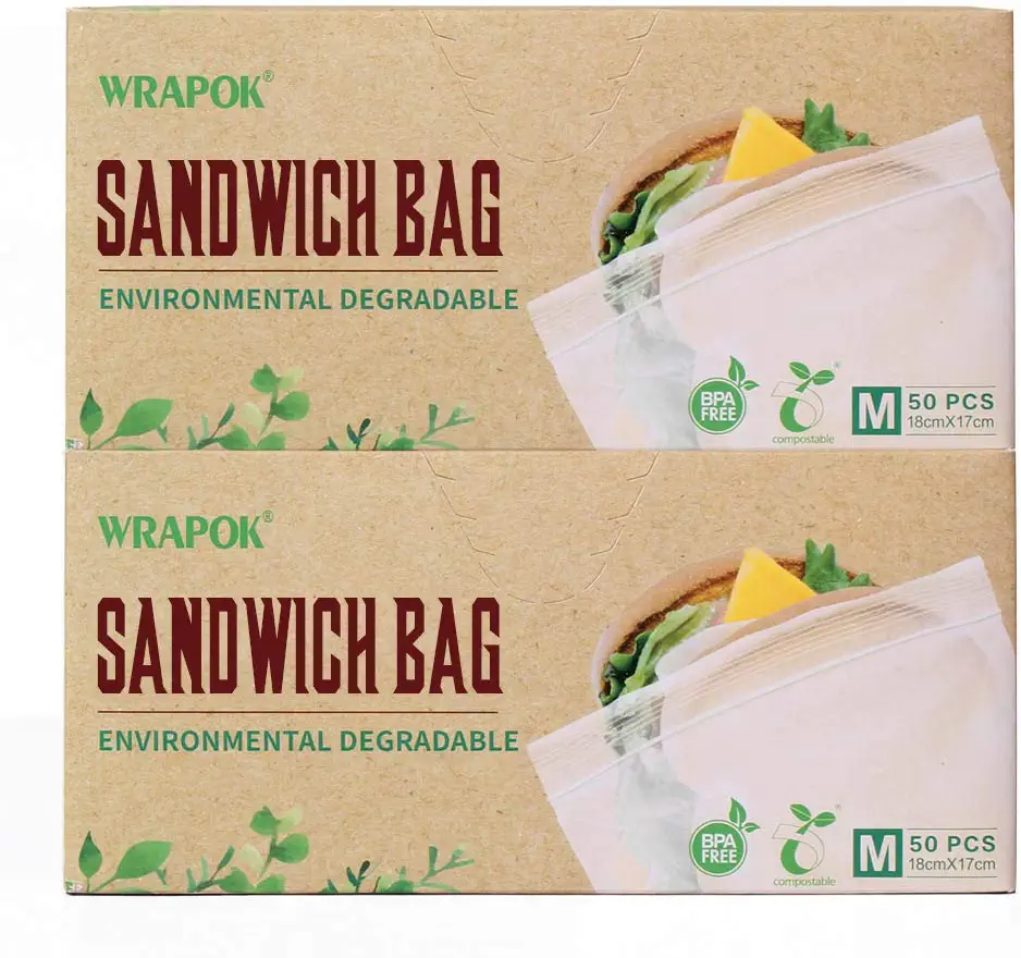 WRAPOK 100% Compostable Recycled Sandwich Bags Biodegradable Small Storage Freezer Bag for School or Work, 100 Count