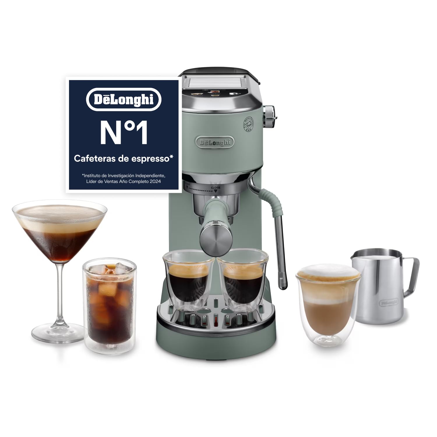 De’Longhi Dedica Duo – Perfetto Cafetera Espresso Manual Compacta con Espumador de Leche Manual, para Espresso, Cappuccino y Cold Brew, Iconos Táctiles en Color, Ancho 15 cm, Verde (EC890.GR)