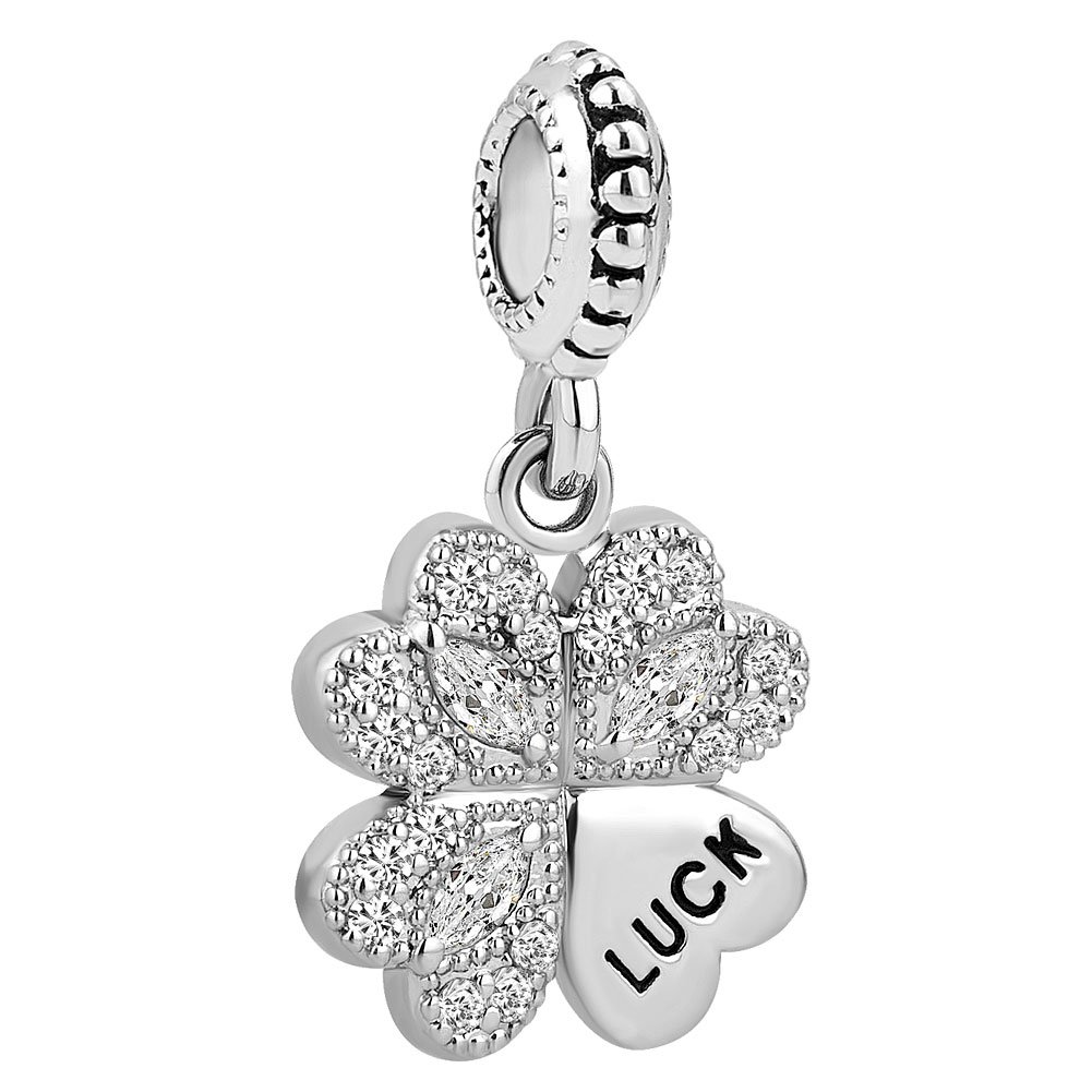 QueenCharms Lucky Four Leaf Clover Charm Dangle Beads For Bracelets