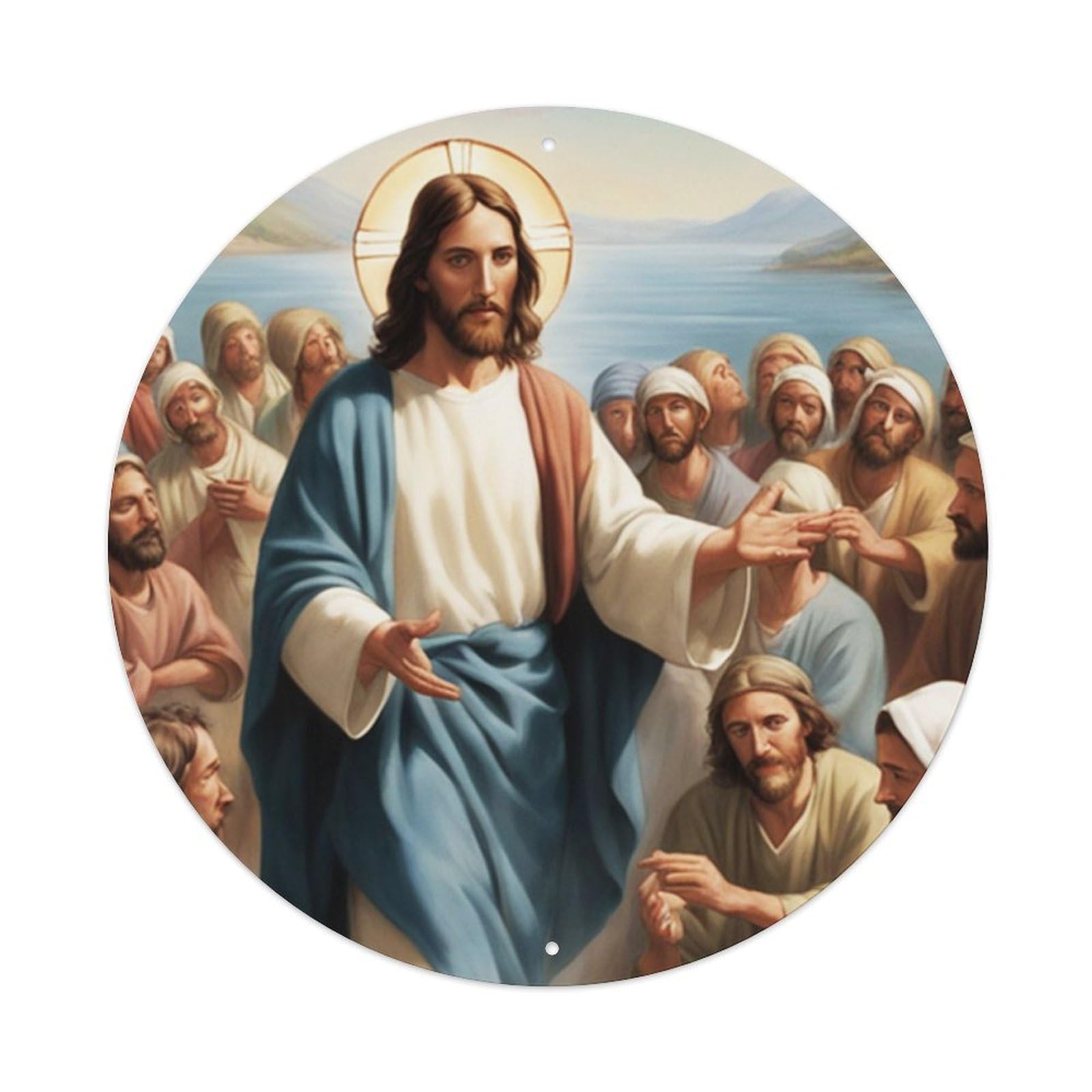 Jesus And The Believers Religious Poster Vintage Metal Tin Sign Plaque Wall Decor for Cafe, Club, Garden Round Metal Poster 8x8Inch