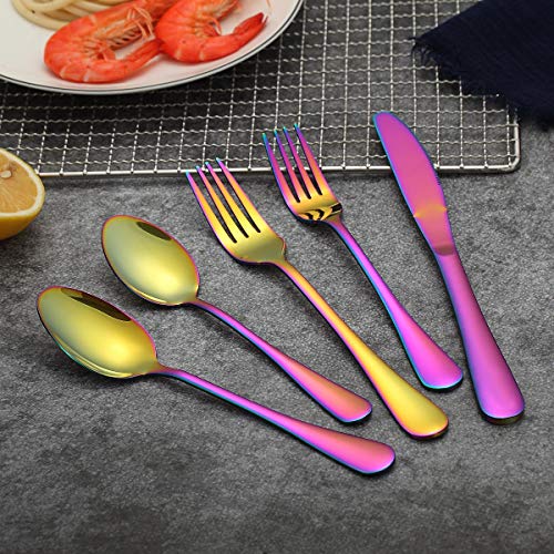 20 Piece Rainbow Flatware Set, Stainless Steel Titanium Colorful Plated Flatware Set, Silverware Set Service For 4 #TOP2