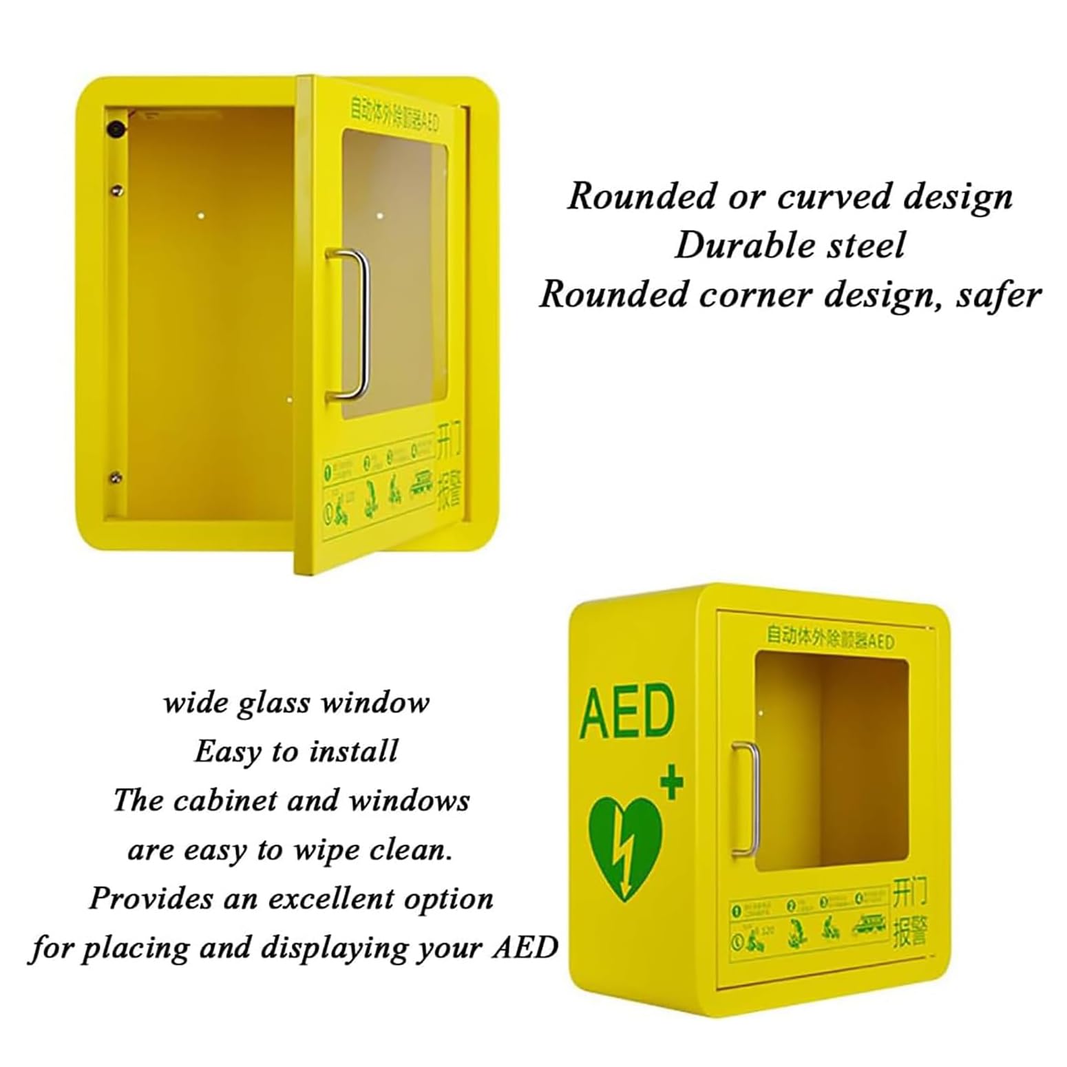 AED-Defibrillator-Aufbewahrungsschränke, wandmontierte AED-Aufbewahrungsbox mit Griff/Schlüssel und Alarm, transparentes Glasfenster und Design mit abgerundeten Ecken, für Zuhause, Bus