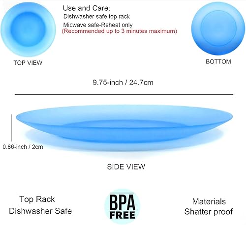 Miniatura 8 de KX-WARE Everyday - Juego de 12 platos de plástico irrompibles y reutilizables de 10 pulgadas, 6 colores surtidos, aptos para lavavajillas, sin BPA
