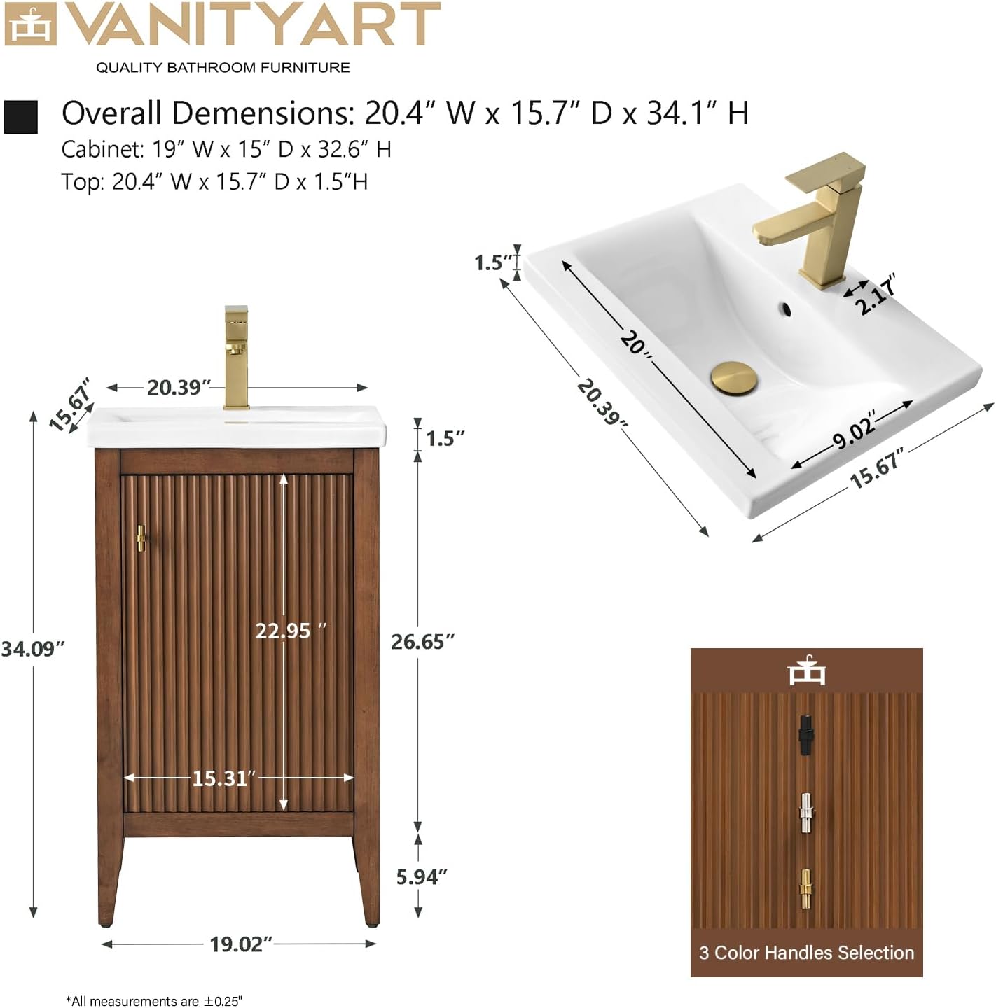 Vanity Art 20 inch Bathroom Vanity with Single Sink & Ceramic Top, Vanity Cabinet with Soft-Closing Door, Solid Wood Frame, Linear Pattern, Walnut, Golden Brushed Handware VA9120-Walnut-GB