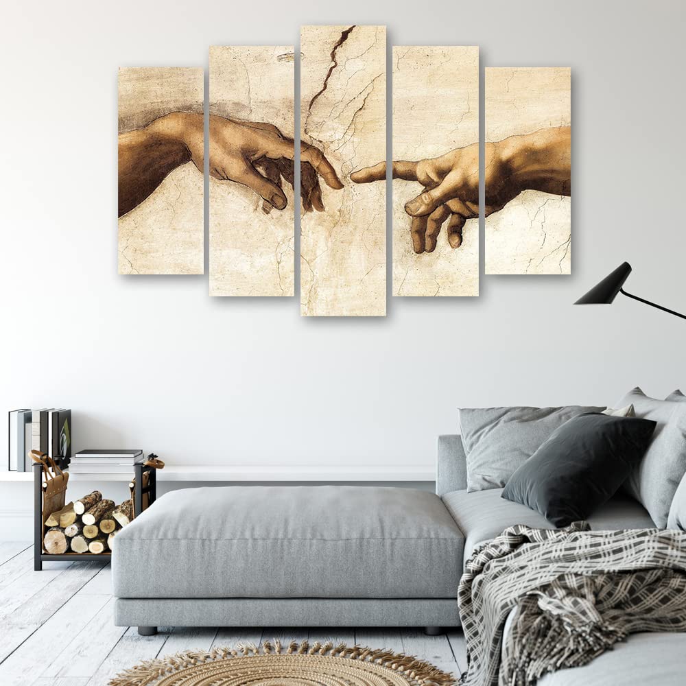 Feeby 5-teilig Bild auf Vlies Leinwand 150x100 cm Die Erschaffung Adams Reproduktion Michelangelo Kunstdruck Modern Wandbilder Deko Flur Wohnzimmer Gewölbe Sixtinische Kapelle Hände Beige