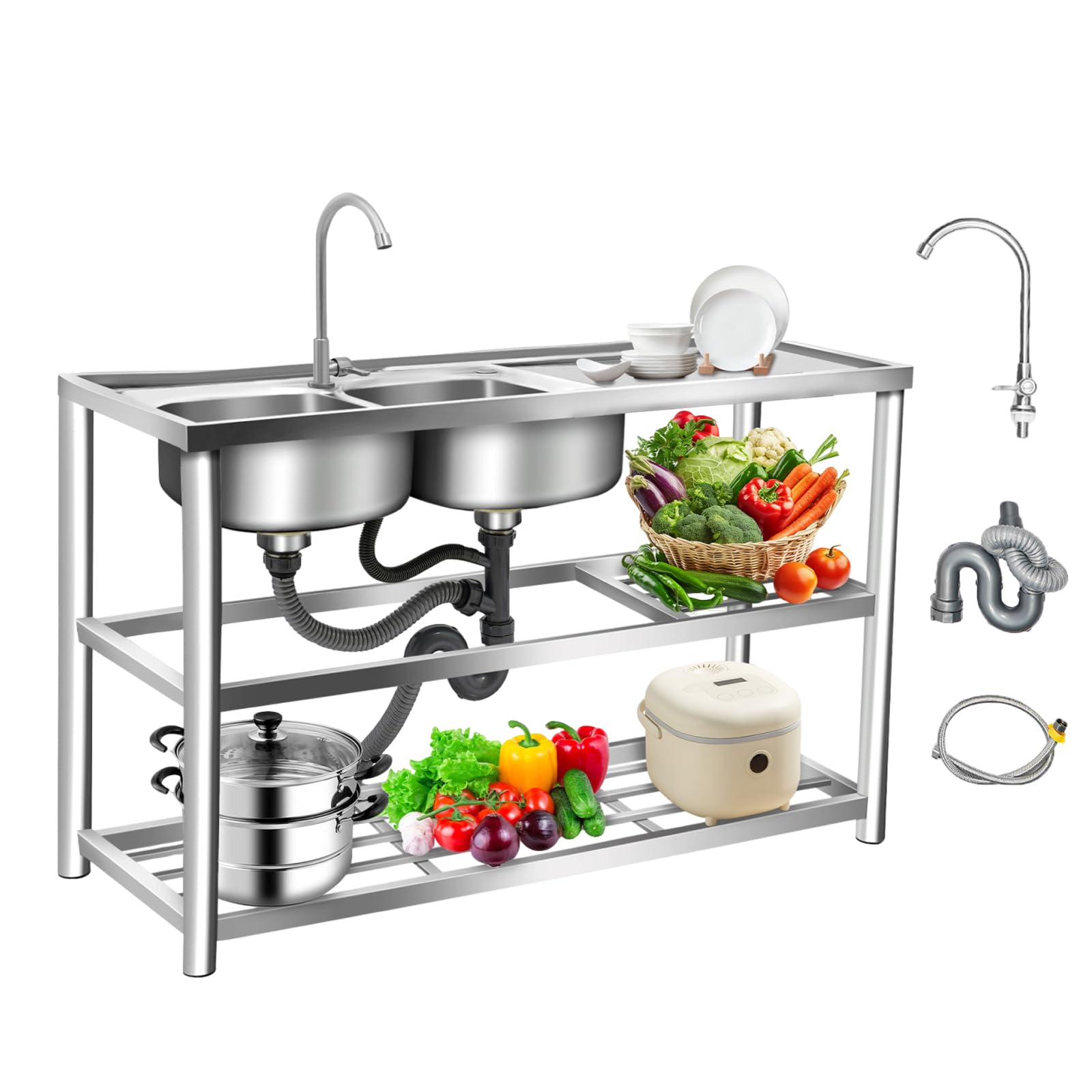 Lavello Inox 120 cm Doppia Vasca 3 Livelli con Rubinetto