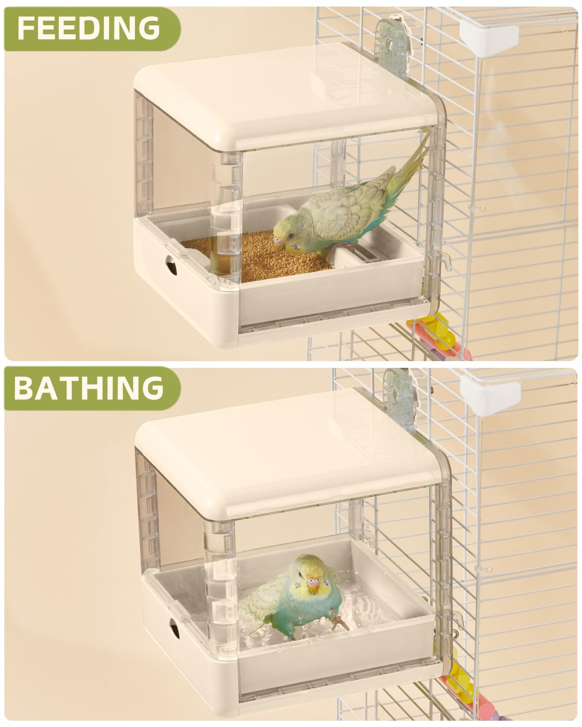 septillar Bird Feeder and Bath for Cage, Hanging Bird Bathtub Bath Shower Box Bowl, Bird Cage Accessories Suitable for Small Medium Birds, Parrots, Lovebirds, Finches, Parakeets, Mannikin (White) - image 4