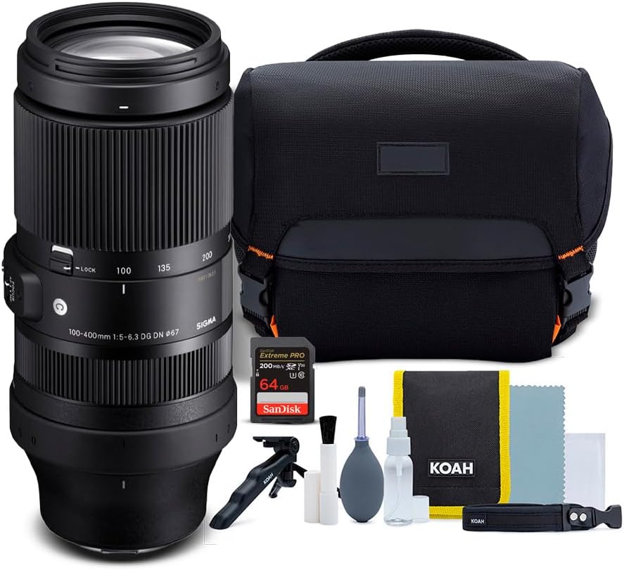 Sigma 100-400mm f/5-6.3 DG DN OS Contemporary Lens for L Mount Bundle with Street Camera System Gadget Bag and 64GB SDXC UHS-I Memory Card (3 Items)