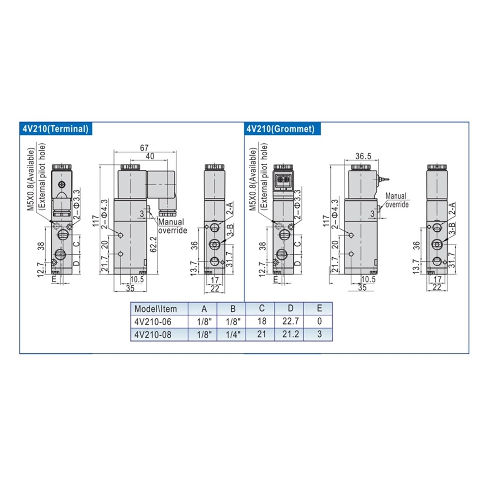 Válvula solenoide neumática 4V210-08, bobina única, 2 posiciones