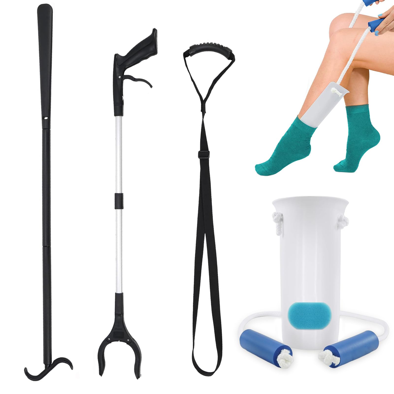 Enfile Chaussettes Kit 4 Pièces Pince de Ramassage de 80 cm, Chausse Pied Long, Aide Chaussettes, Sangle de Levage de Jambe avec Poignées pour Personnes Agées ou à Mobilité Réduite