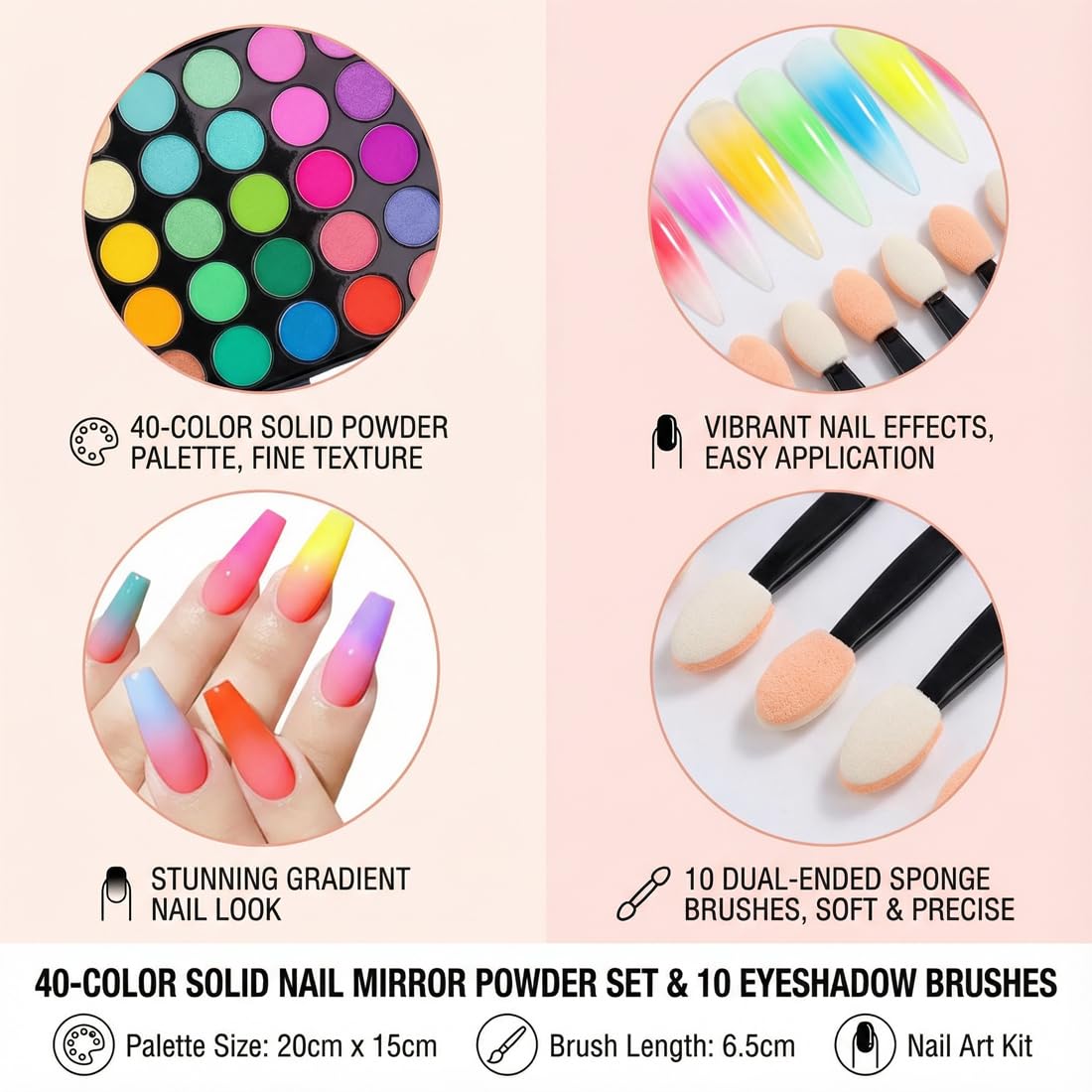 YUZNA 40 Couleurs Poudre à Ongles Pigmentée, Ombre Poudre Pailletée pour Nail Art, Décoration DIY Ongles, Livré avec 10 Pinceaux