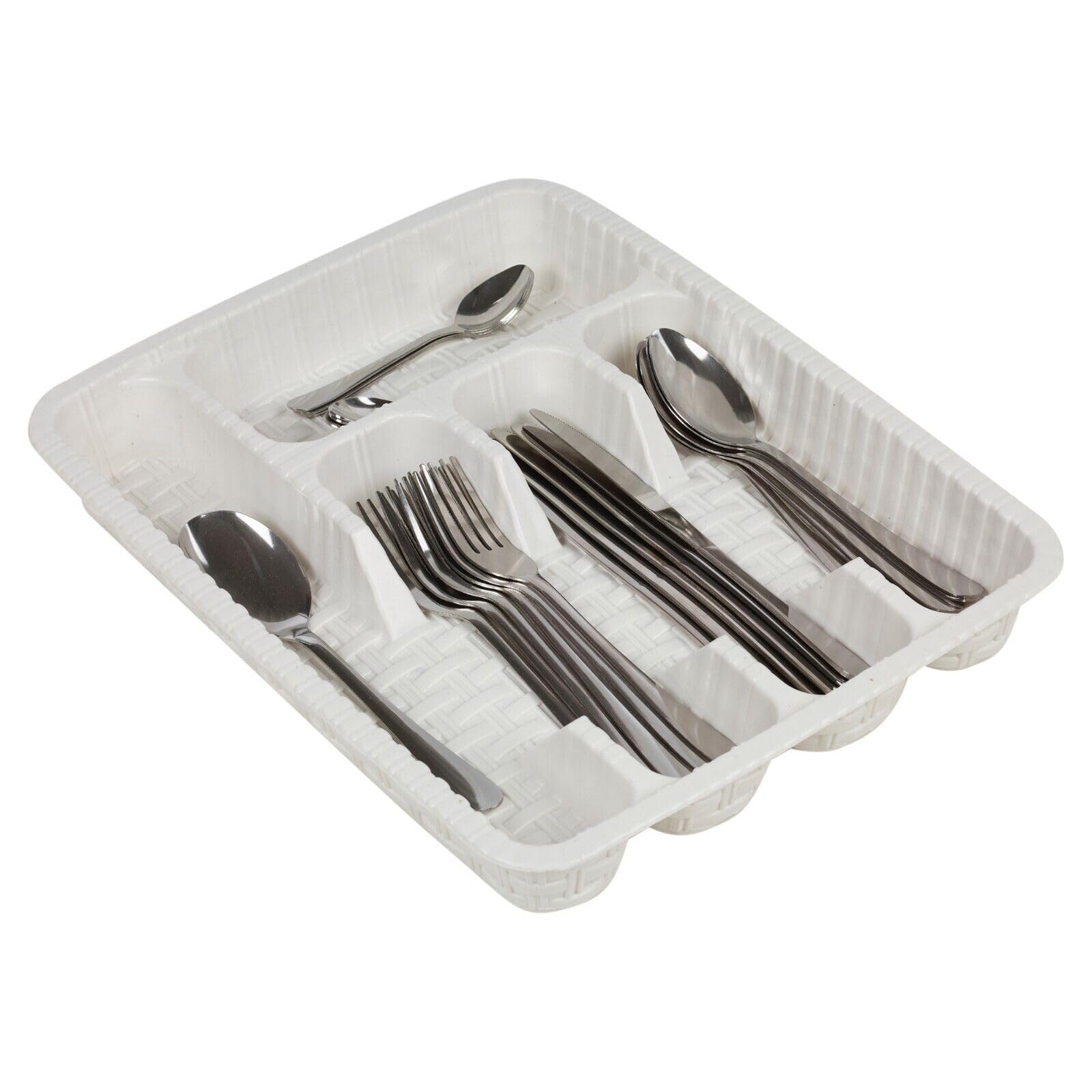 Urbnliving White Plastic Woven Rattan Cutlery Utensils Holder Flatware Drawer 5 Section Organiser (White)