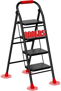 4 Step Ladder, Foldable Step Stool with Wide Anti-Slip Pedal & Thick Rubber Feet, Cushioned Handle, Safe-Lock Design, Folding Portable Ladder for Multi-Purpose, 800lb, Black Red
