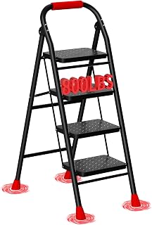 4 Step Ladder, Foldable Step Stool with Wide Anti-Slip Pedal & Thick Rubber Feet, Cushioned Handle, Safe-Lock Design, Folding Portable Ladder for Multi-Purpose, 800lb, Black Red