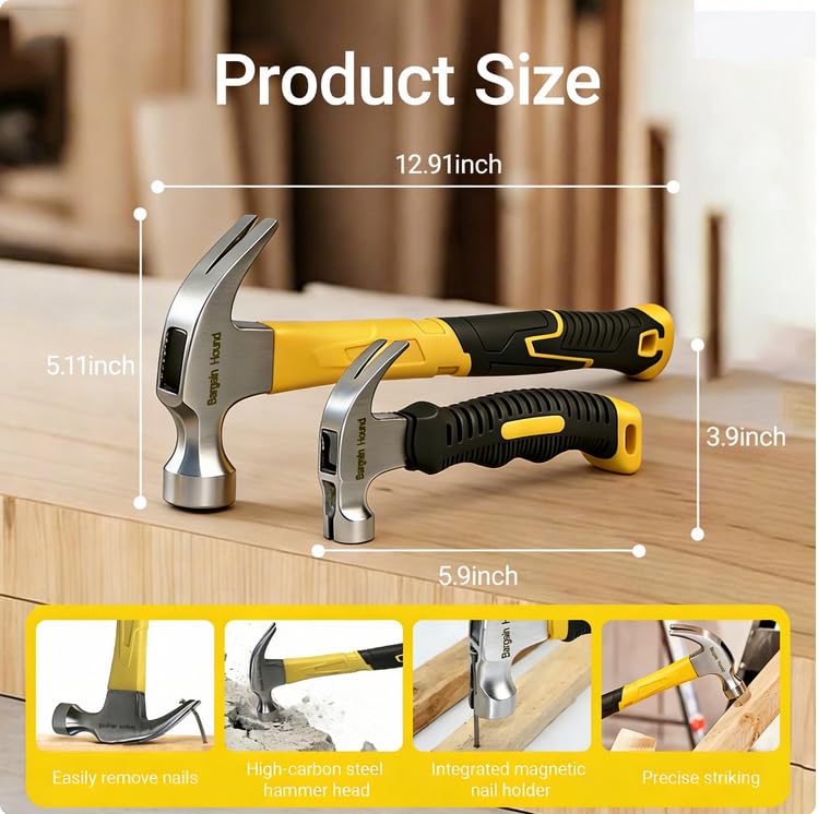 2PCS Claw Hammer, 16oz & 8oz Claw Hammers, Forged Carbon Steel Stubby Claw Hammers with Non-Slip Comfortable Grip - Image 3