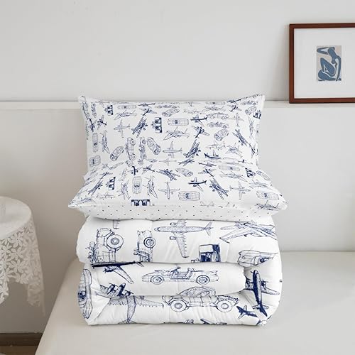 Miniatura 3 de Feelyou Juego de ropa de cama con estampado de aviones para niños y niñas, juego de funda de edredón de microfibra estilo boceto azul y blanco,