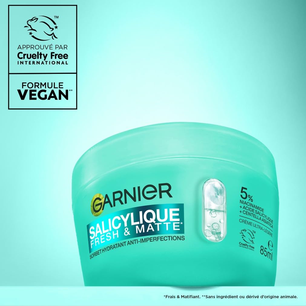 GARNIER - Salicylique - Crème Sorbet Hydratante Fresh & Matte - Crème Hydratante & Matifiante - Adoucit la Peau, Unifie le Teint, Réduit les Pores et l'Excès de Sébum - Tous Types de Peaux - 85 ml