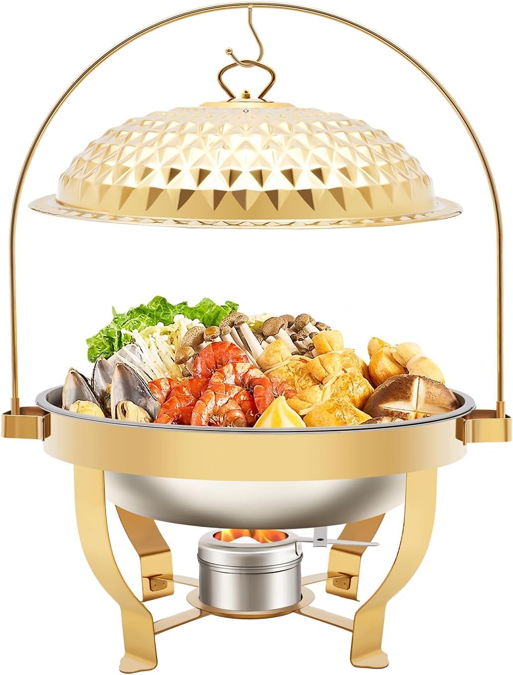 Juego de Calentador de Alimentos Redondo de Acero Inoxidable con Tapa, Estructura de trípode y Soporte para Combustible para Catering, Fiestas y Bodas. (D,8L/8.5Qt)