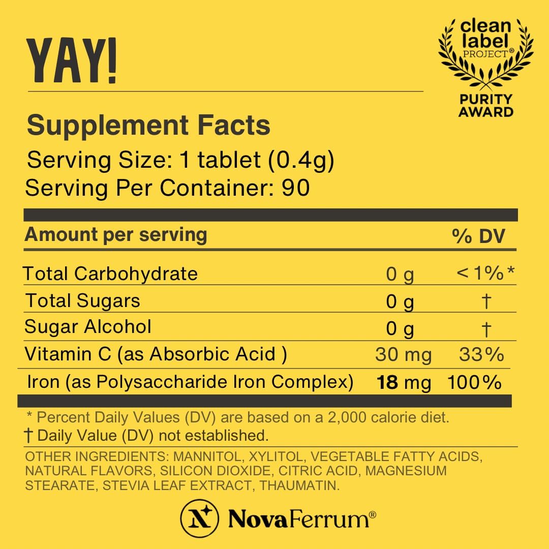 NovaFerrum Yay | Chewable Iron Supplement for Kids & Adults Ages 4 and Over | 18mg of Iron | 90 Servings | Sugar Free | Vegan | Gluten Free | Orange Flavor - Image 3