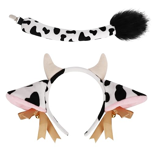 XEPST Animal Cow Costume Set, Cow Ears and Tail Set with Horns Headband and Tail for Animal Cosplay Birthday Party Accessories Halloween Costume Fancy Dress Party Supplies