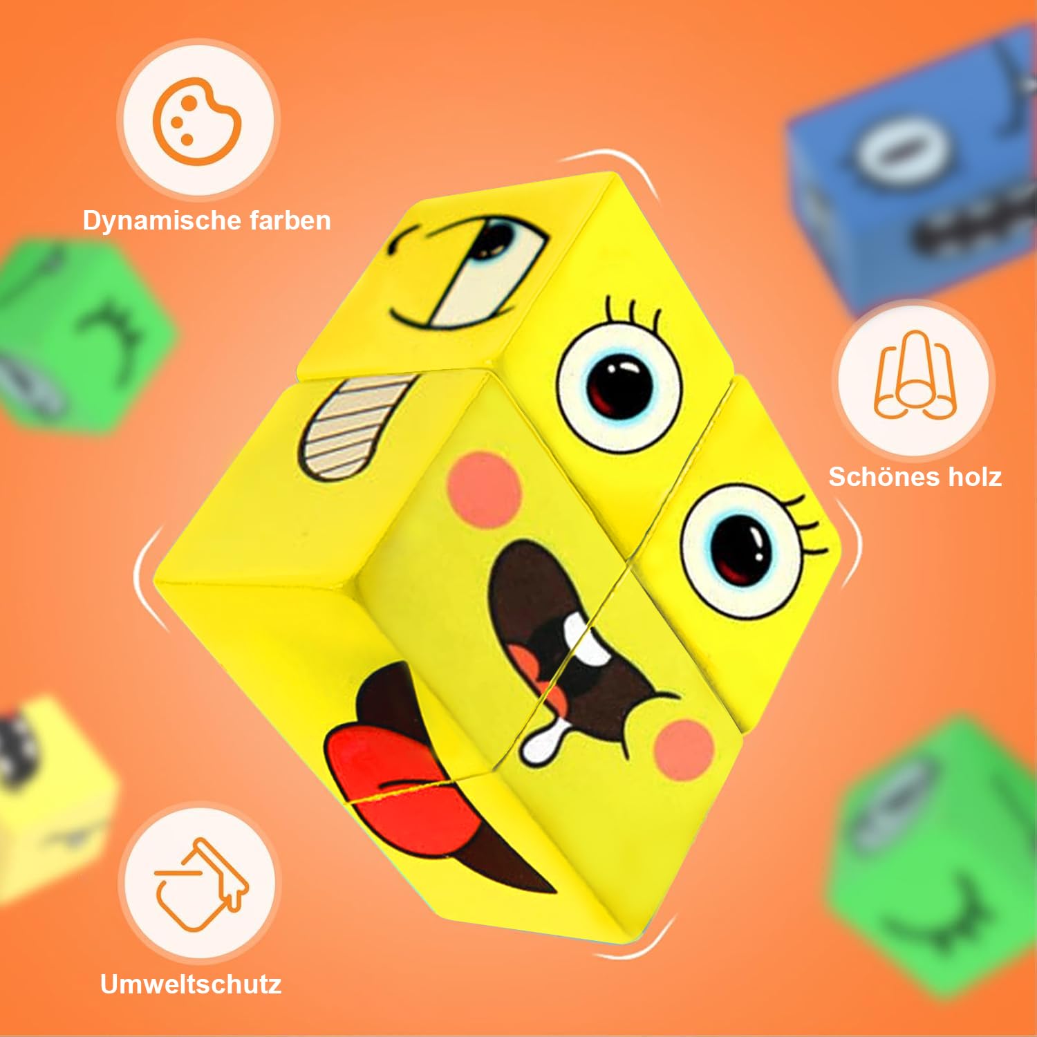 Face Changing Magic Cube Holz Puzzle – 16 Würfel, 64 Karten, Für Kinder Ab 3 Jahren