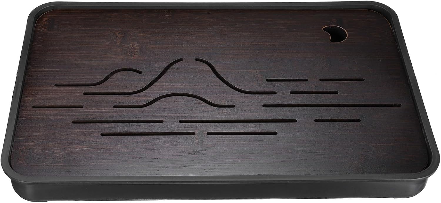 HARFINGTON Bamboo Chinese Gong Fu Tea Tray 14.4" Beautiful Mountain Pattern Tea Tray Bamboo Tea Table Furniture Vintage Tea with Water Storage Box for Drinking Tea Brown Black