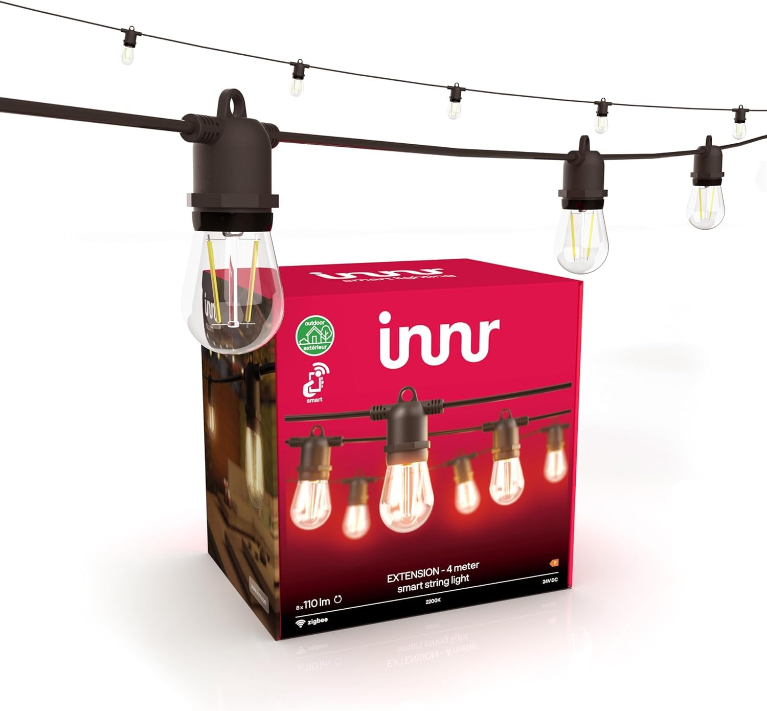 innr Guirlande Lumineuse Exterieure Extension 4m, pour kit de base OLS 210 | Blanc Chaud, 2200K, 8 ampoules LED connectées, Luminaire Intensité Variable, étanchéité IP65