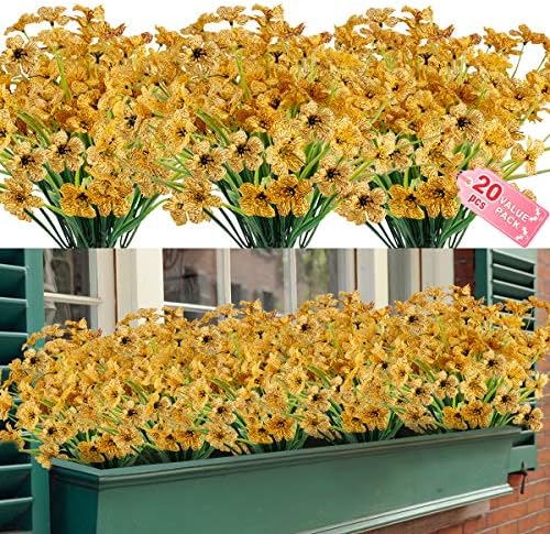 ZEOSTARO 20 Bundles Artificial Outdoor Flowers UV Resistant Fake Flowers No Fade Faux Plastic Greenery Shrubs Garden Porch Window Box Decorating(Yellow)
